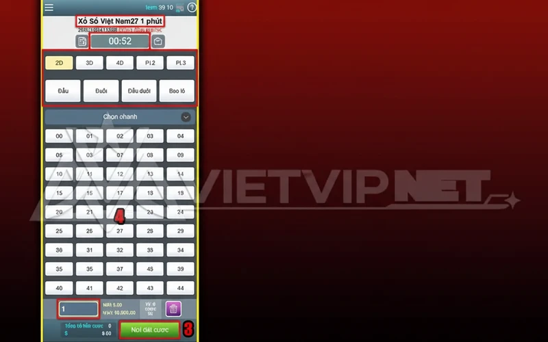 Giao diện game Xổ số Việt Nam 1 phút tại Vietvip